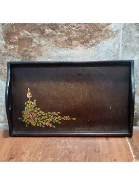 Vintage Small Wooden Serving Tray Hand Painted Floral Rectangular Handled Rustic